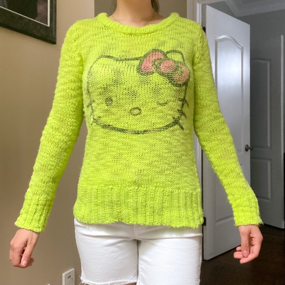 Y2K SANRIO HELLO KITTY Bright Green Graphic Knitted Women’s sweater SZ Medium - Picture 1 of 10